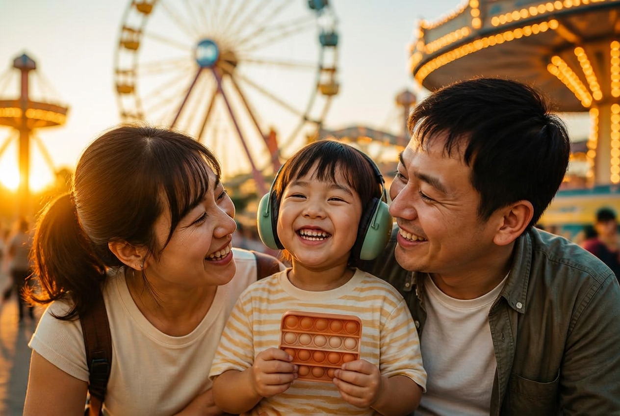 An Asian family smiling together at an amusement park at golden hour, their child happily wearing colorful noise-reducing headphones and holding a sensory toy